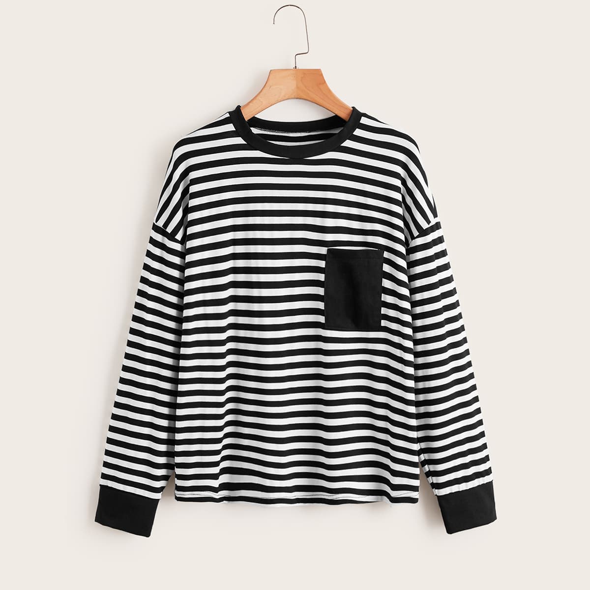 

Striped Pocket Drop Shoulder Tee, Black and white