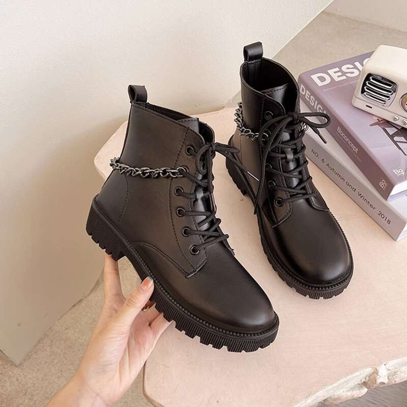 

Chain Decor Lace Up Front Boots, Black
