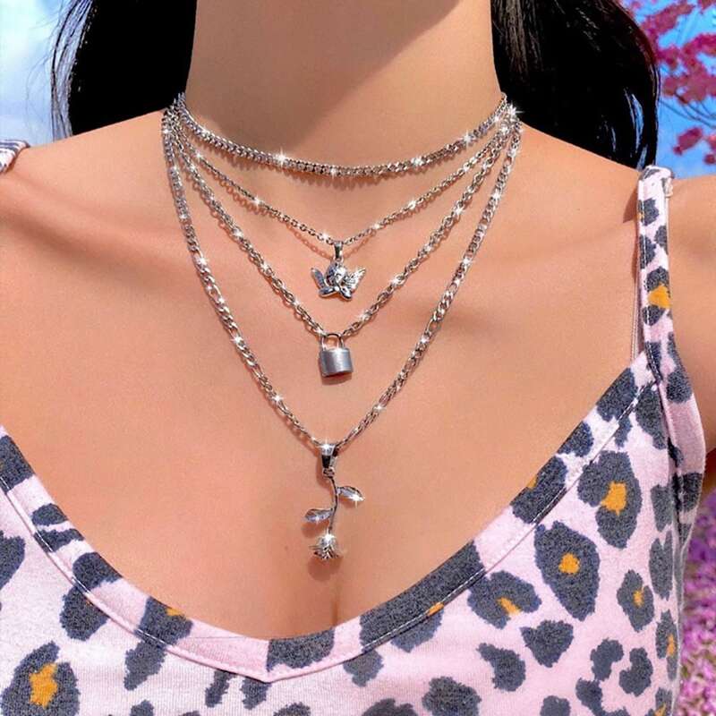 

Rose Decor Layered Chain Necklace, Silver