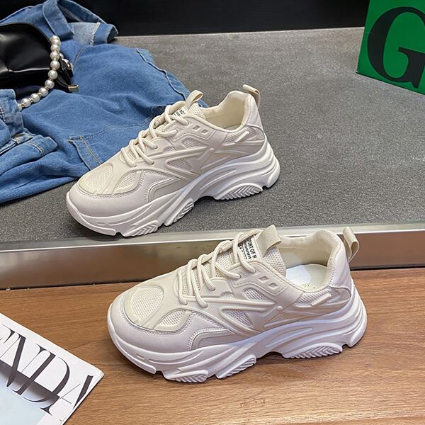 

Breathable Letter Patch Lace-up Front Chunky Sneakers, Beige
