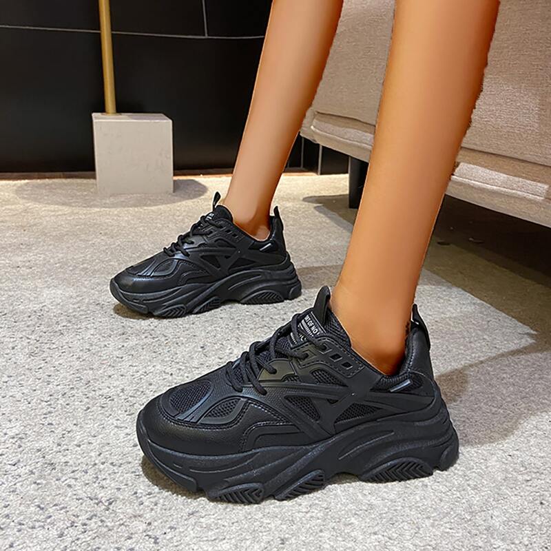

Breathable Letter Patch Lace-up Front Chunky Sneakers, Black