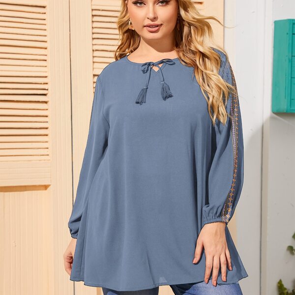 

Plus Embroidered Tie Neck Tassel Blouse, Dusty blue