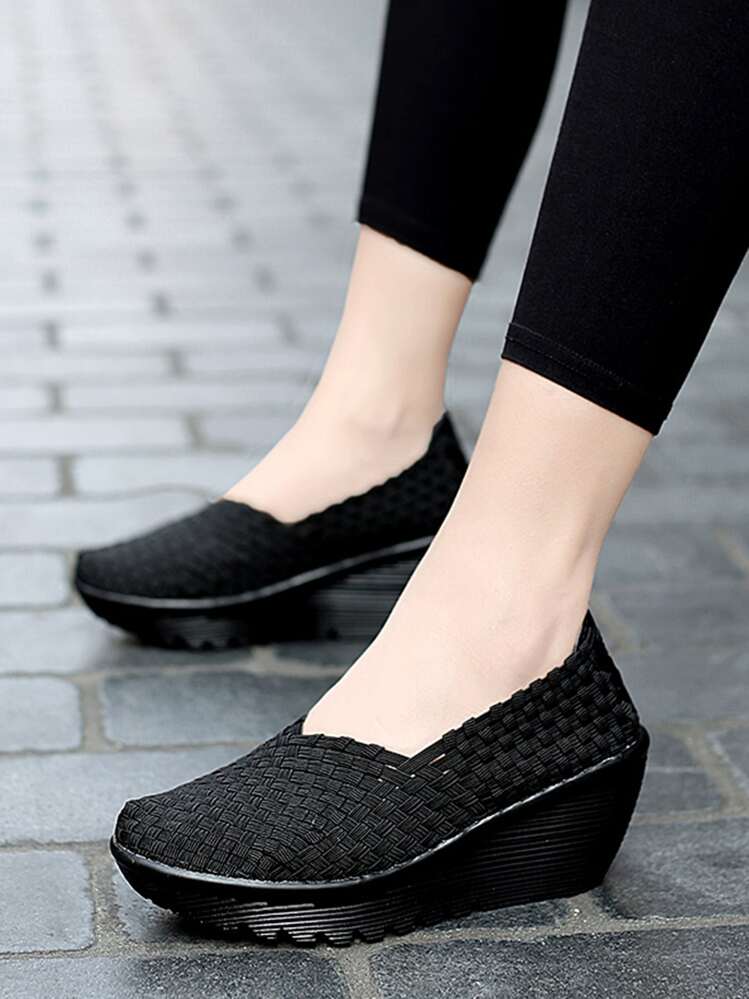 Minimalist Braided Slip On Wedge Sneakers - Black - View 1
