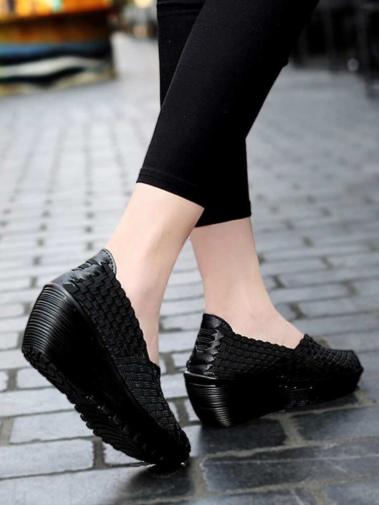 Minimalist Braided Slip On Wedge Sneakers - Black - View 2