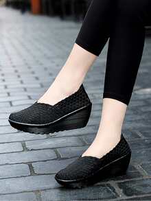 Minimalist Braided Slip On Wedge Sneakers - Black - View 3