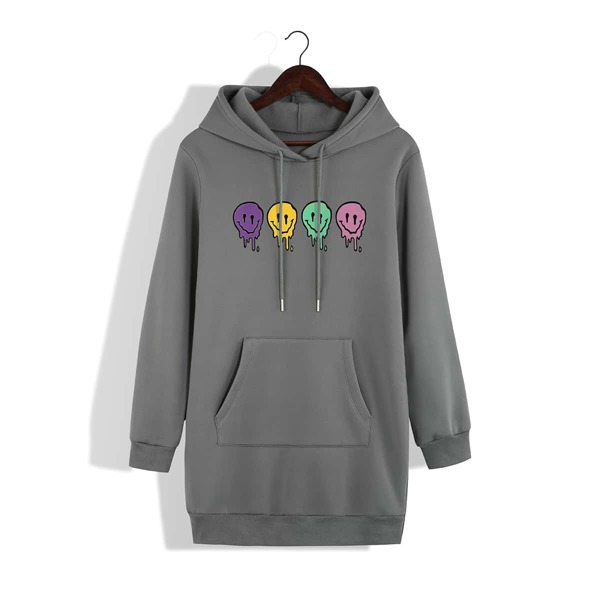 

Expression Print Kangaroo Pocket Drawstring Thermal Longline Hoodie, Grey