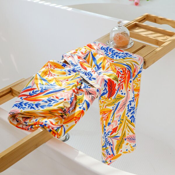 

1pc Leaf Print Bath Towel & 1pc Dry Hair Cap, Multicolor