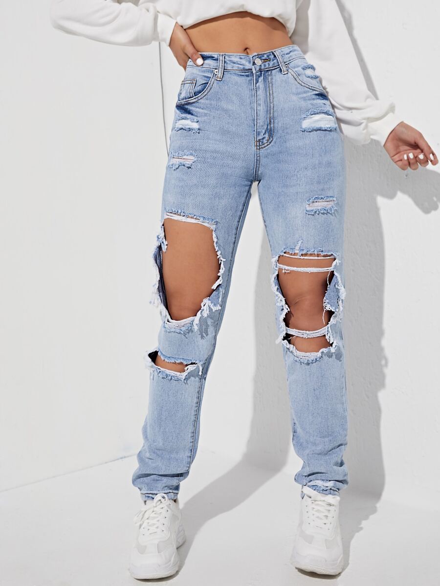 SHEIN EZwear Ripped Detail Straight Leg Jeans Y2k - Light Wash - View 1