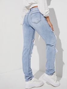 SHEIN EZwear Ripped Detail Straight Leg Jeans Y2k - Light Wash - View 2