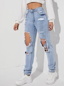 SHEIN EZwear Ripped Detail Straight Leg Jeans Y2k - Light Wash - View 5