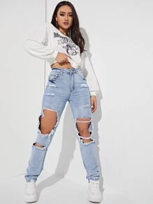 SHEIN EZwear Ripped Detail Straight Leg Jeans Y2k - Light Wash - View 3