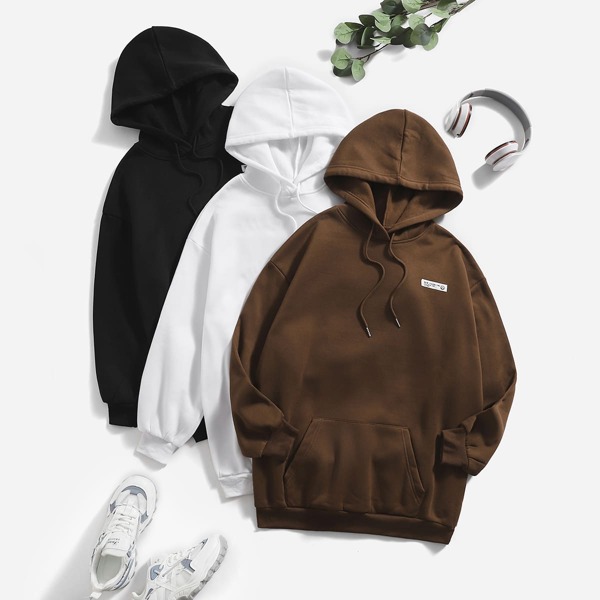 

3pcs Letter Patched Kangaroo Pocket Drawstring Hoodie, Multicolor