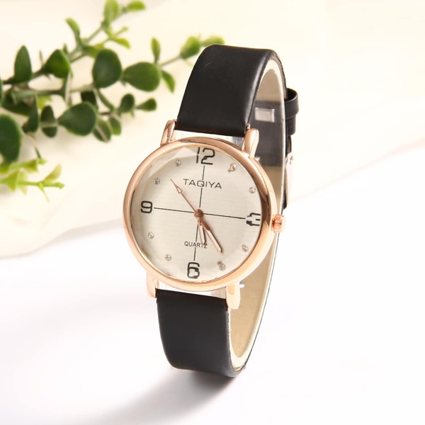 

Rhinestone Decor Round Pointer Quartz Watch