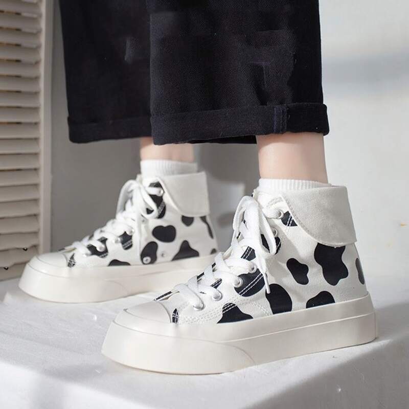 

Cow Print High Top Canvas Shoes, White