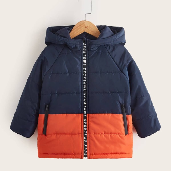 

Toddler Boys Letter Graphic Color Block Raglan Sleeve Hooded Puffer Coat, Multicolor