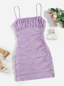 SHEIN EZwear Vestido ajustado unicolor fruncido de malla
