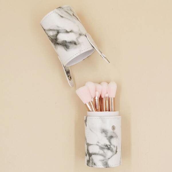 

10pcs Marble Pattern Makeup Brush Set With Storage Box, Baby pink