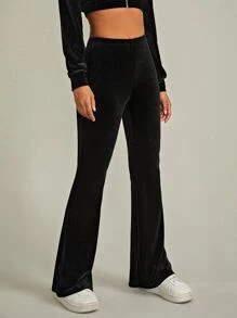 Muchica Solid Velvet Flare Leg Pants - Black - View 1