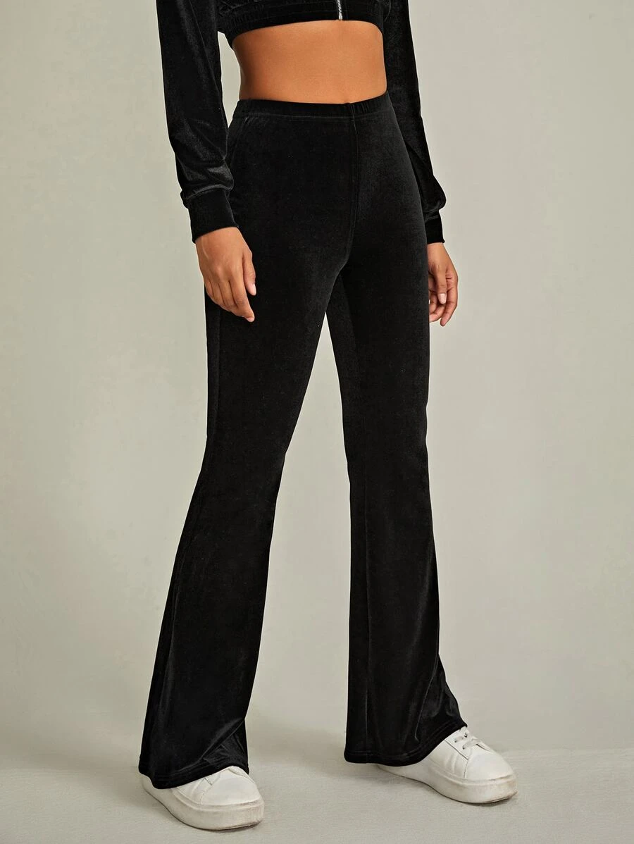 Muchica Solid Velvet Flare Leg Pants - Black - View 1