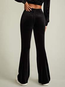 Muchica Solid Velvet Flare Leg Pants - Black - View 2