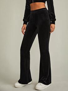 Muchica Solid Velvet Flare Leg Pants - Black - View 3