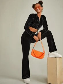 Muchica Solid Velvet Flare Leg Pants - Black - View 4