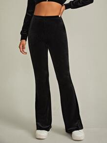 Muchica Solid Velvet Flare Leg Pants - Black - View 5