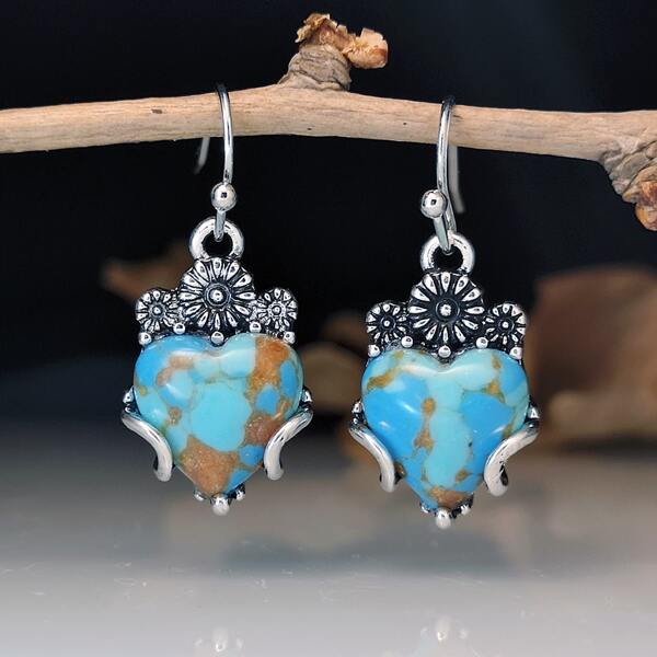 

Heart Turquoise Decor Drop Earrings, Antique silver