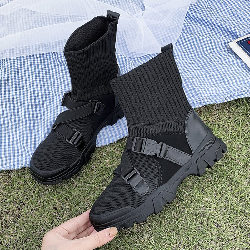 

Buckle Decor Sock Boots, Black