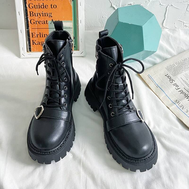 

Side Zip Lace Up Front Combat Boots, Black