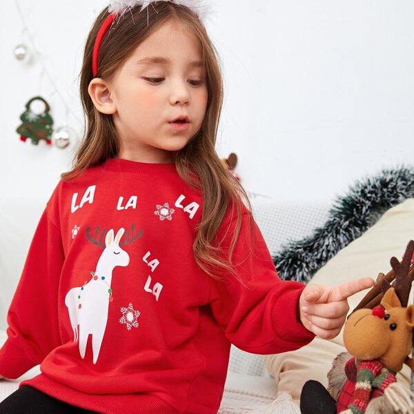 

Toddler Girls Christmas Letter & Elk Print Drop Shoulder Pullover, Red