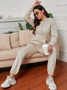 Bộ đồ hai mảnh nữ Dây kéo Túi màu trơn Giải trí - Màu be - Xem 1