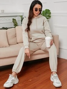 Bộ đồ hai mảnh nữ Dây kéo Túi màu trơn Giải trí - Màu be - Xem 2