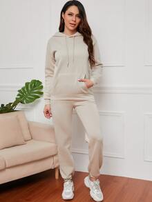 Bộ đồ hai mảnh nữ Dây kéo Túi màu trơn Giải trí - Màu be - Xem 3