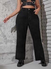 SHEIN ICON Quần Denim kích thước lớn Nút Túi Dây kéo màu trơn - màu đen - Xem 1