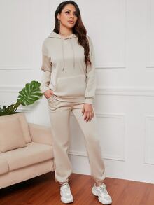 Bộ đồ hai mảnh nữ Dây kéo Túi màu trơn Giải trí - Màu be - Xem 4