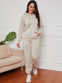 Bộ đồ hai mảnh nữ Dây kéo Túi màu trơn Giải trí - Màu be - Xem 5