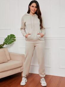 Bộ đồ hai mảnh nữ Dây kéo Túi màu trơn Giải trí - Màu be - Xem 6