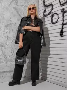 SHEIN ICON Quần Denim kích thước lớn Nút Túi Dây kéo màu trơn - màu đen - Xem 3