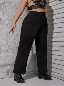 SHEIN ICON Quần Denim kích thước lớn Nút Túi Dây kéo màu trơn - màu đen - Xem 5