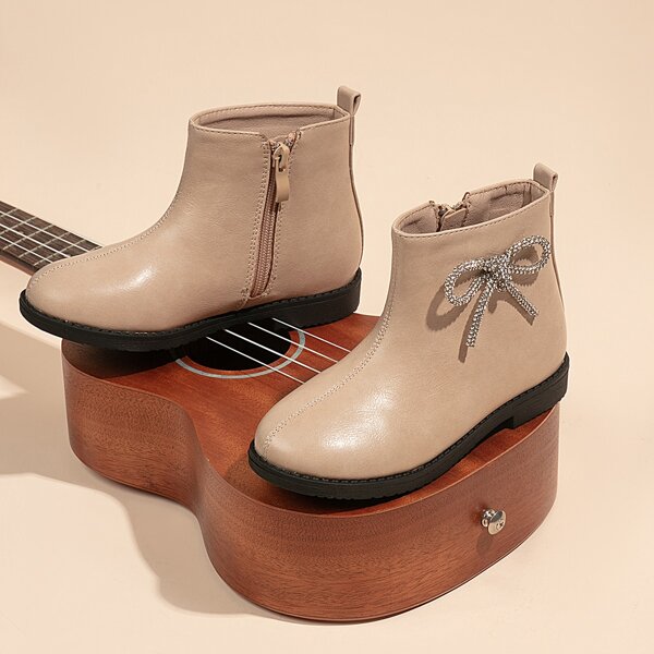 

Girls Bow & Rhinestone Decor Side Zip Boots, Apricot