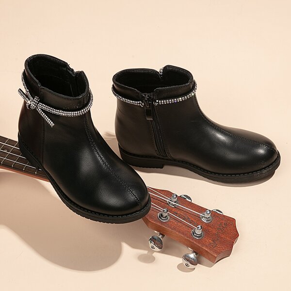 

Girls Bow & Rhinestone Decor Side Zip Boots, Black