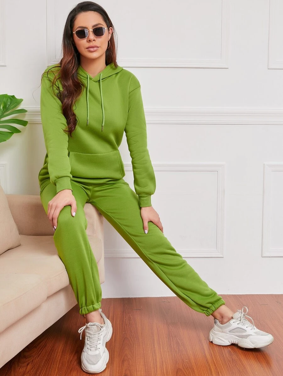 Bộ đồ hai mảnh nữ Dây kéo Túi màu trơn Giải trí - Màu xanh chanh - Xem 1