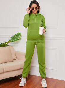 Bộ đồ hai mảnh nữ Dây kéo Túi màu trơn Giải trí - Màu xanh chanh - Xem 3