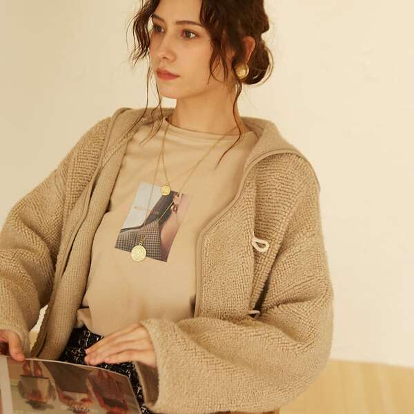 

Slant Pocket Drop Shoulder Hooded Cardigan, Khaki