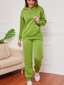 Bộ đồ hai mảnh nữ Dây kéo Túi màu trơn Giải trí - Màu xanh chanh - Xem 6