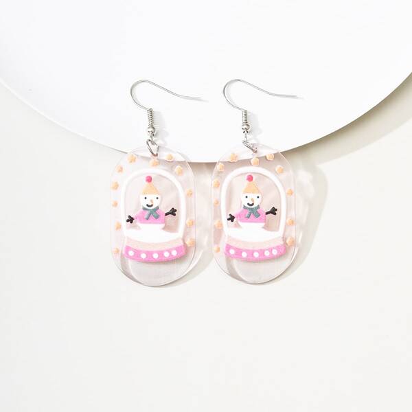

Christmas Snowman Print Geometric Drop Earrings, Baby pink