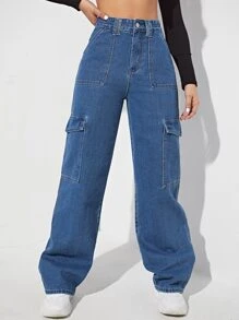 Jeans de talle alto con bolsillo lateral - Azul lavado medio - Ver 1