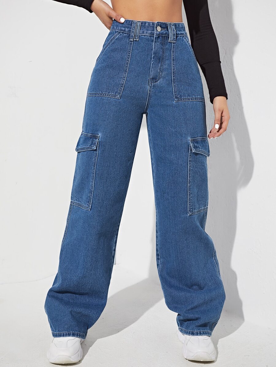 Jeans de talle alto con bolsillo lateral - Azul lavado medio - Ver 1