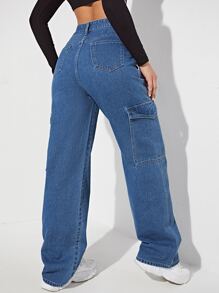 Jeans de talle alto con bolsillo lateral - Azul lavado medio - Ver 2